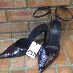 New! Zara Sequin Pumps Pointed Toe Ankle Strap High Heel size 40 US9
